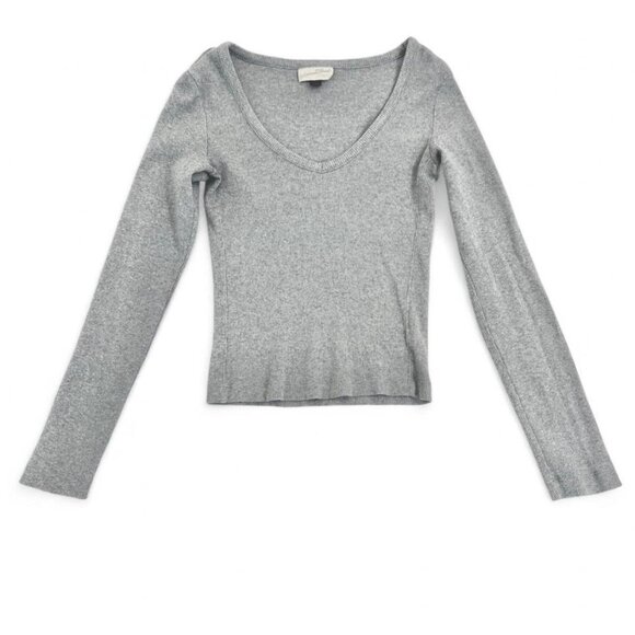 Universal Thread Gray Ribbed Scoop Neck Fitted Long Sleeve Top XS Stretch Knit - Picture 2 of 5